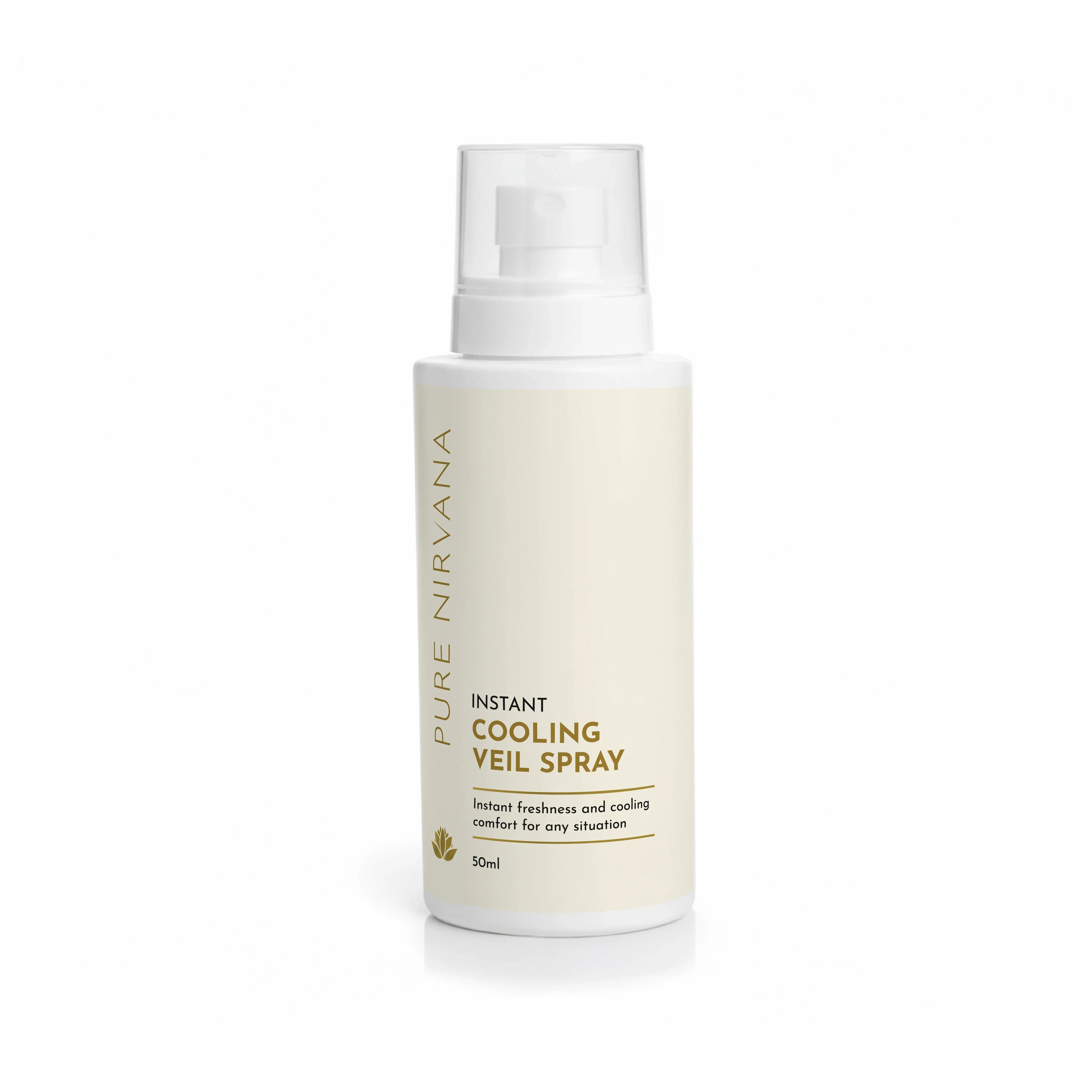 Instant cooling veil spray bottle with clear cap for skincare and wellness, 50ml.