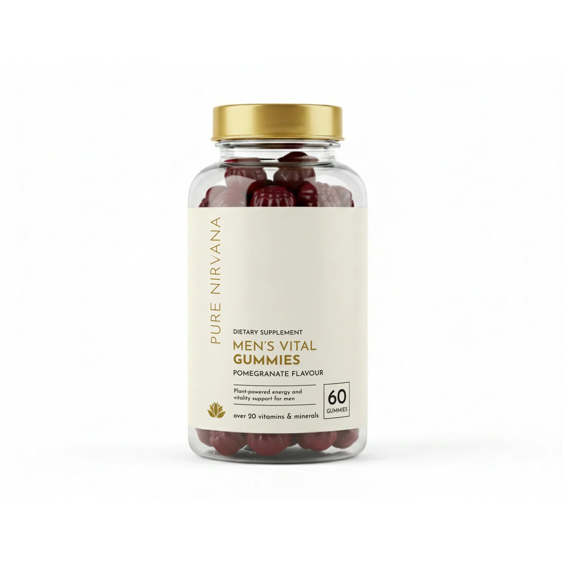 Men's Vital Gummies dietary supplement bottle, pomegranate-flavored, with gold lid