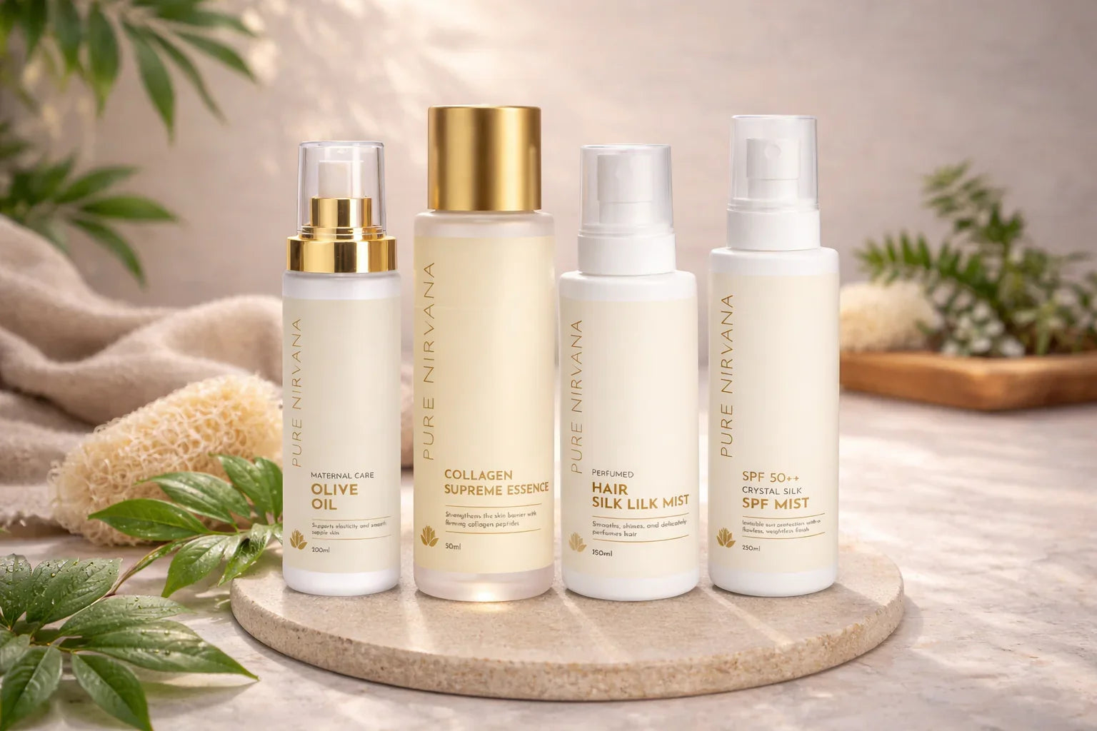 Luxury skincare product set including olive oil, collagen essence, hair mist, and SPF mist on a natural stone surface, with greenery and soft towels in the background.