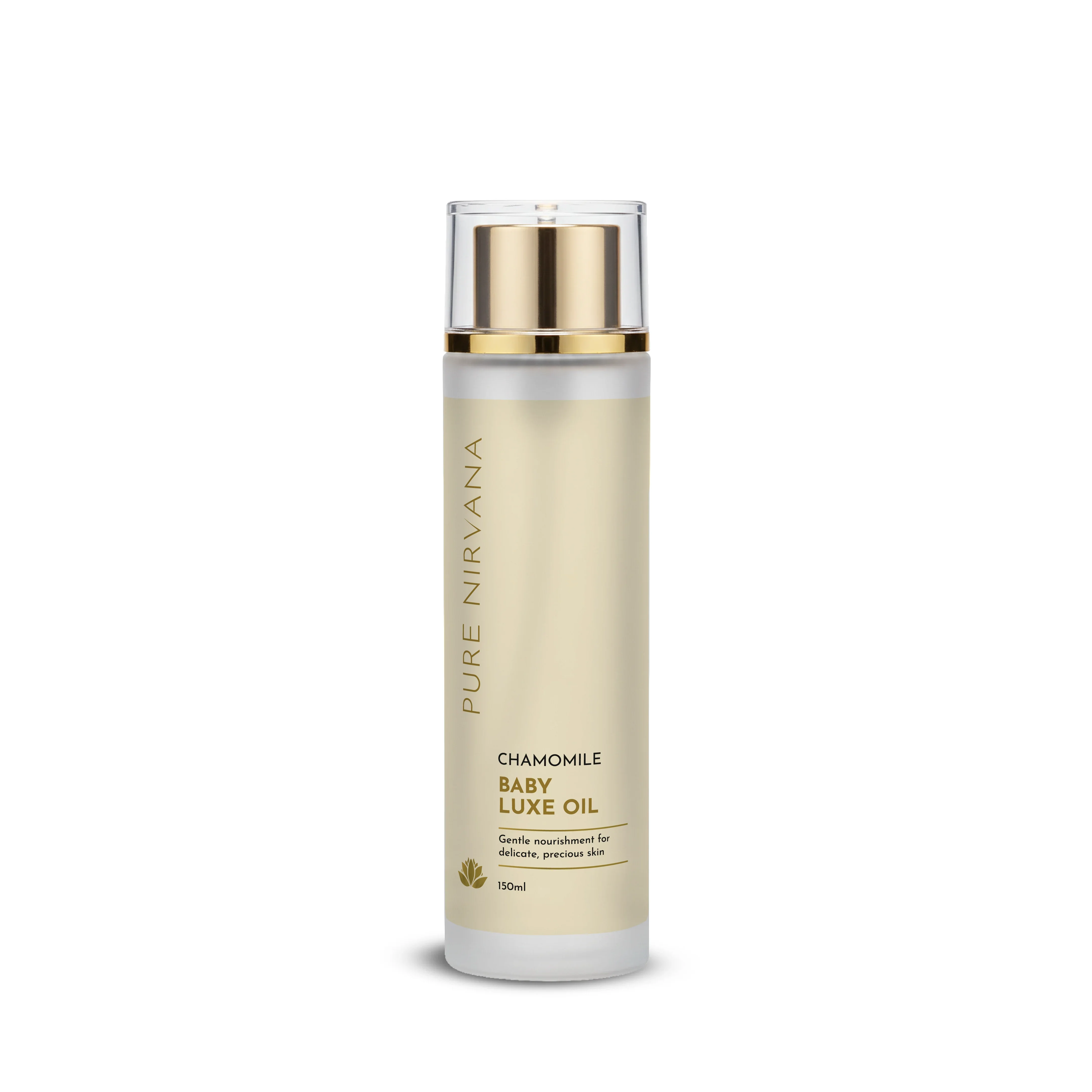 Chamomile baby luxe oil bottle with gold pump, moisturizing skincare for delicate skin