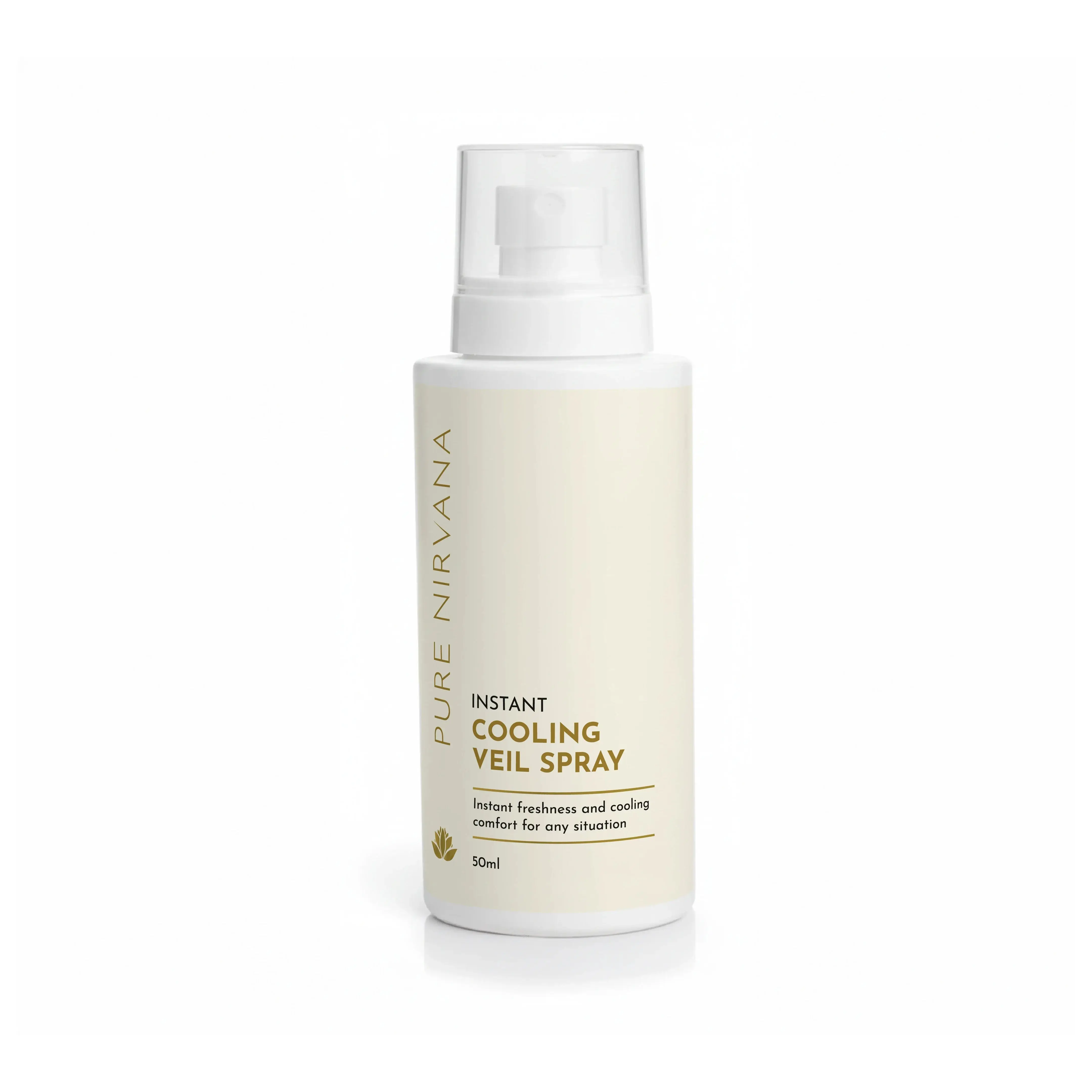 Instant cooling veil spray bottle with clear cap for skincare and wellness, 50ml.