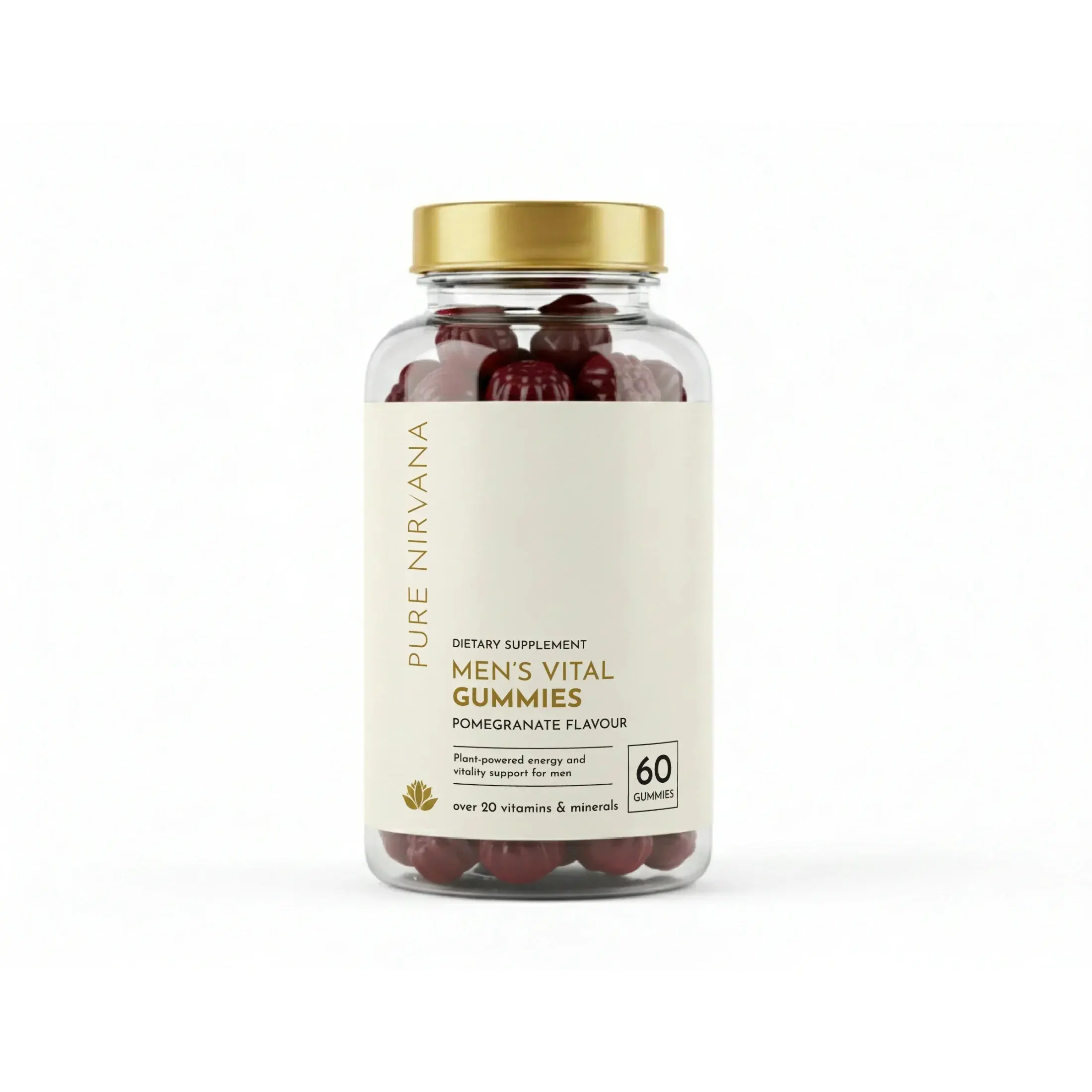 Men's Vital Gummies dietary supplement bottle, pomegranate-flavored, with gold lid
