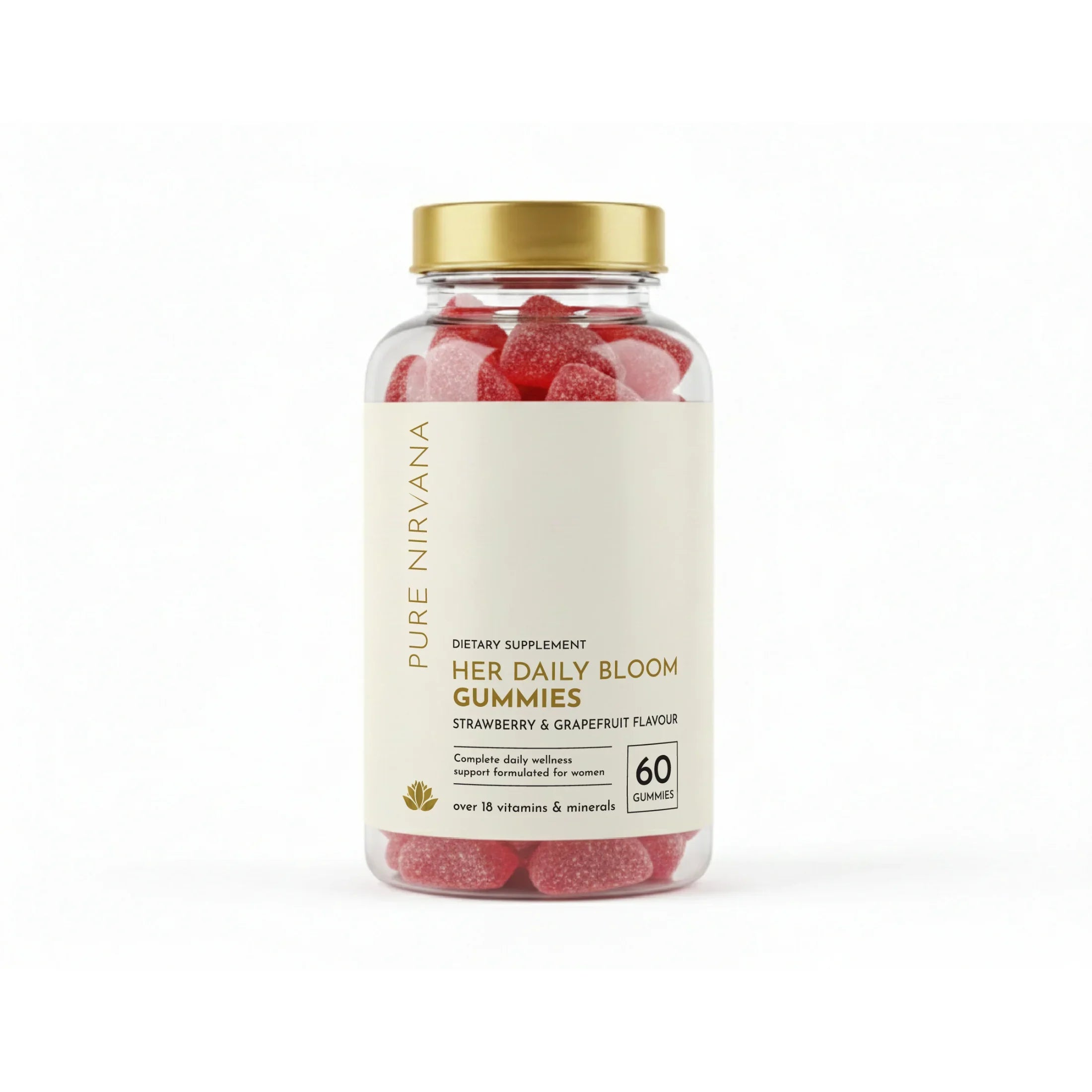 Bottle of women's daily wellness gummies with strawberry and grapefruit flavor, 60 count