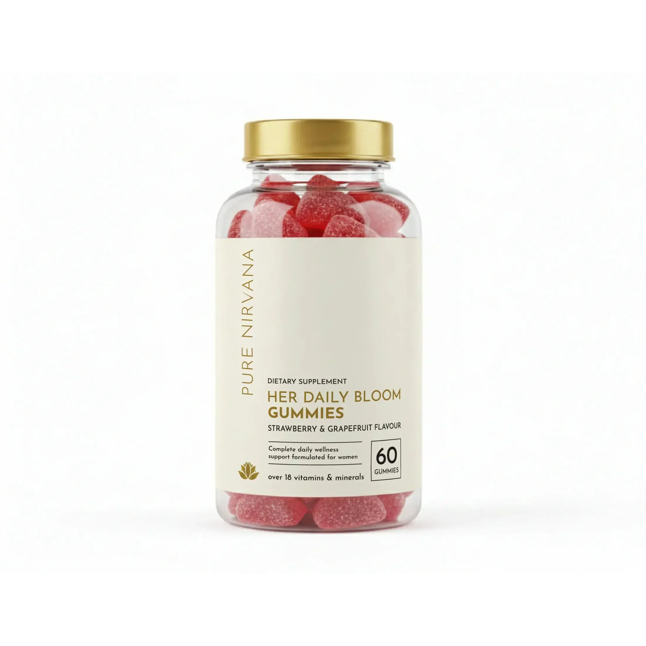 Bottle of women's daily wellness gummies with strawberry and grapefruit flavor, 60 count