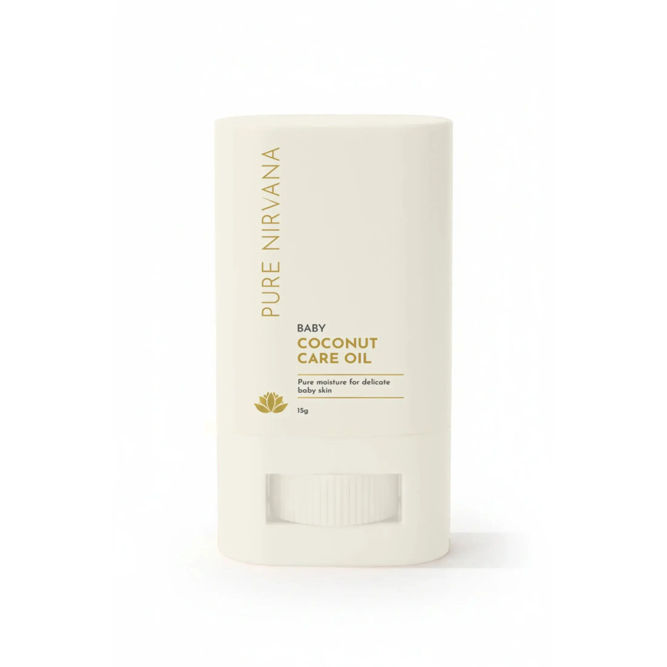 Baby coconut care oil stick for delicate skin, premium skincare product on white background