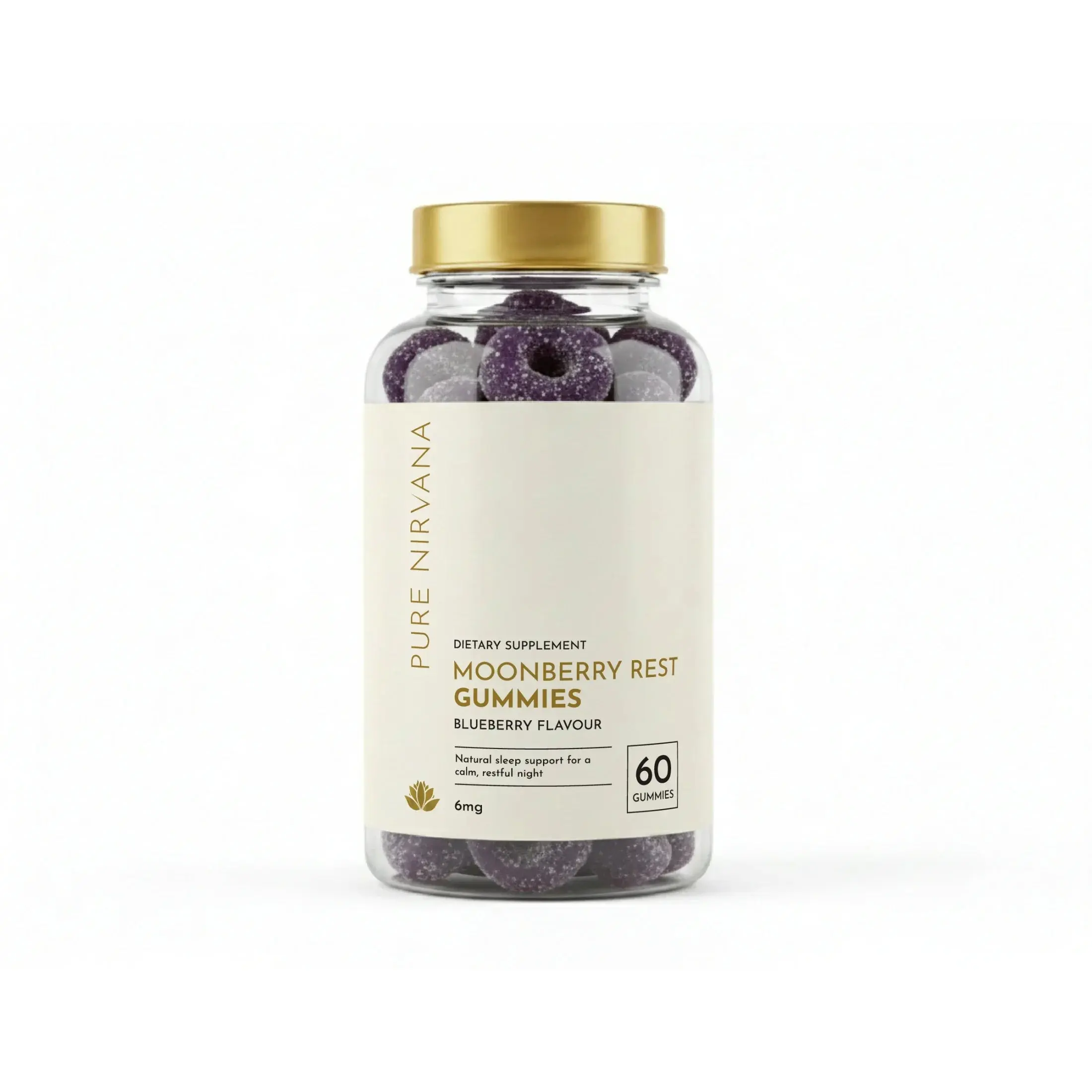 Jar of Moonberry Rest Gummies dietary supplement, blueberry flavor, 60 purple gummies