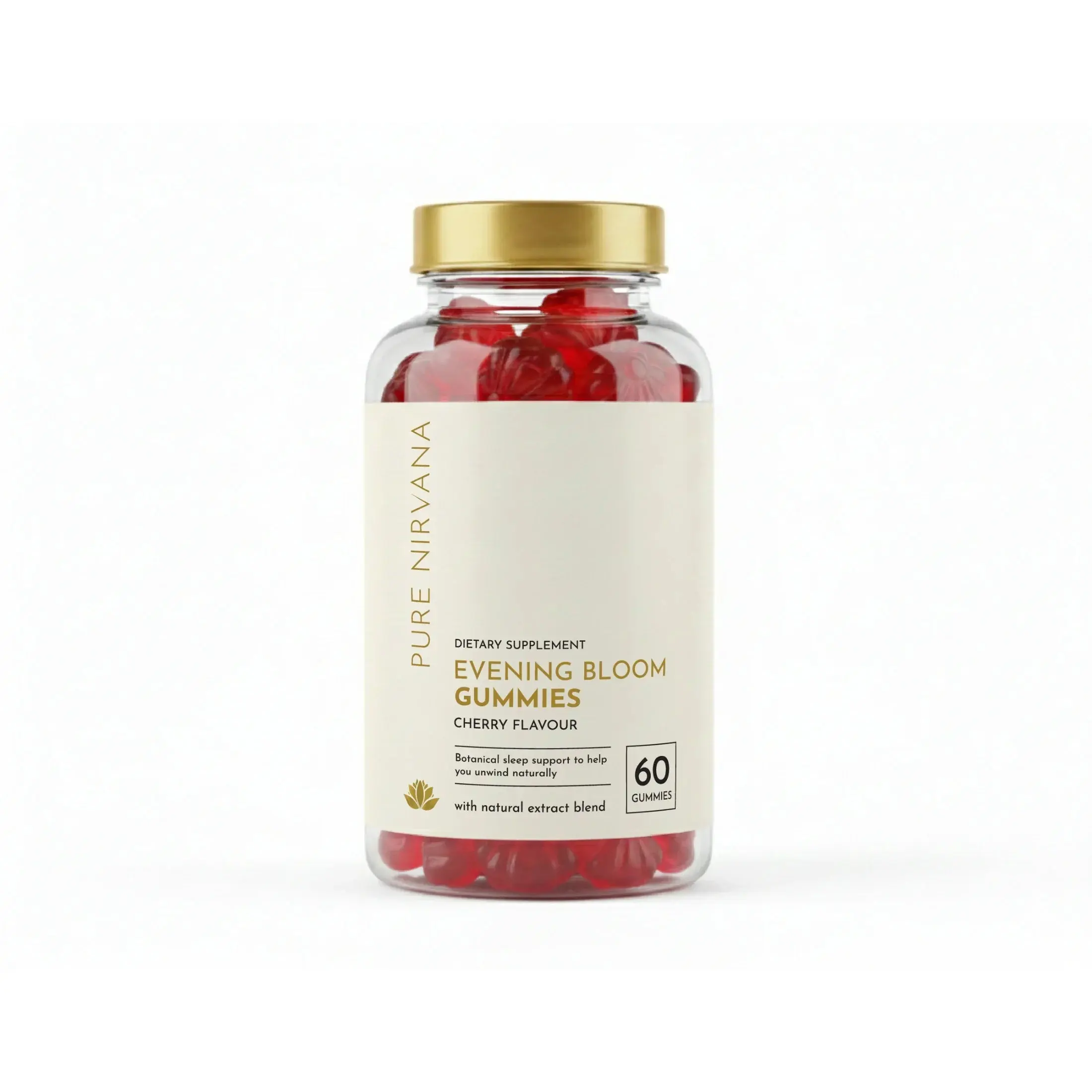 Jar of red cherry-flavored Evening Bloom Gummies with gold lid and white label, 60 count