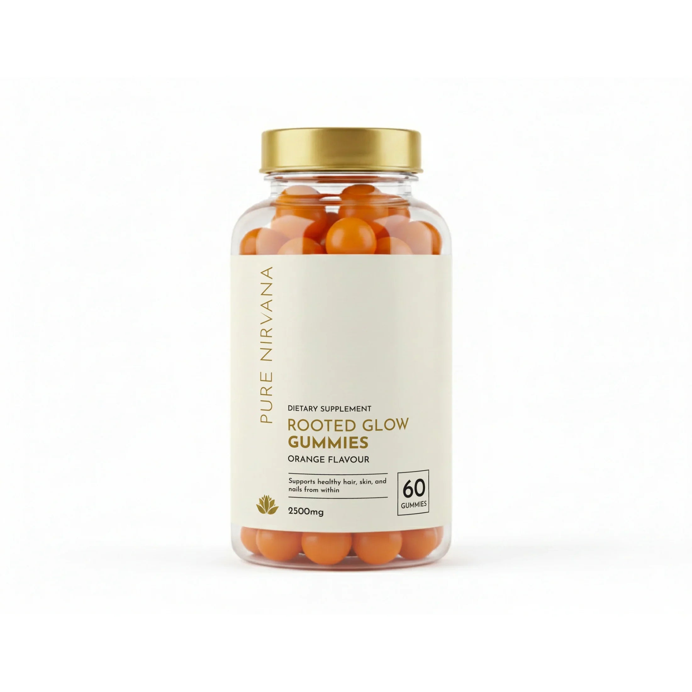 Orange dietary supplement gummies for hair, skin, and nail health in a clear jar