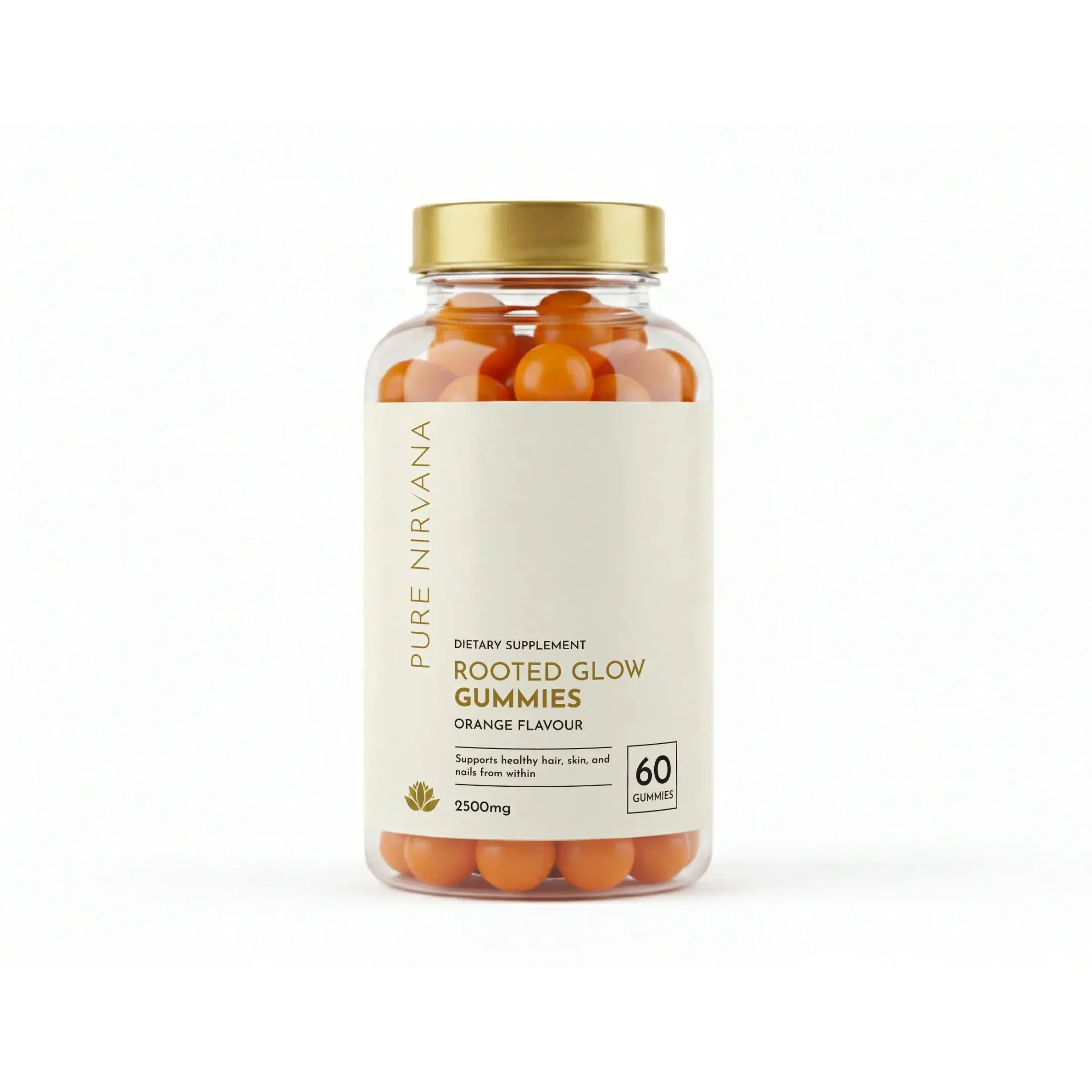 Orange dietary supplement gummies for hair, skin, and nail health in a clear jar