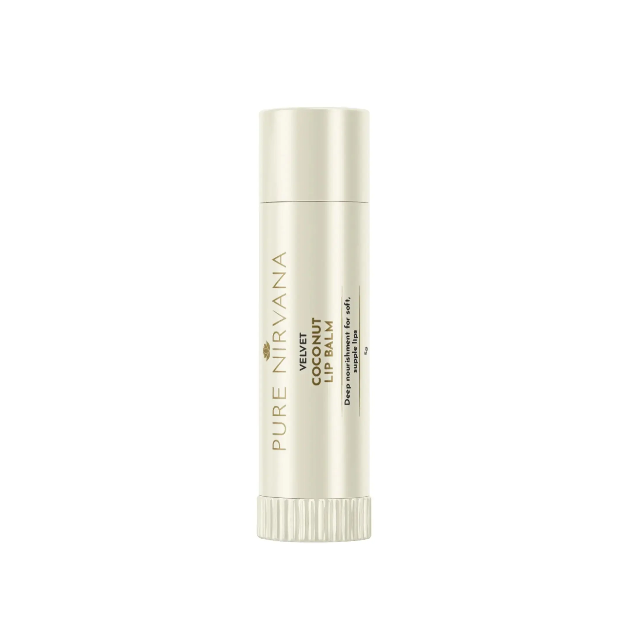 Velvet coconut lip balm tube for soft, nourished lips on white background