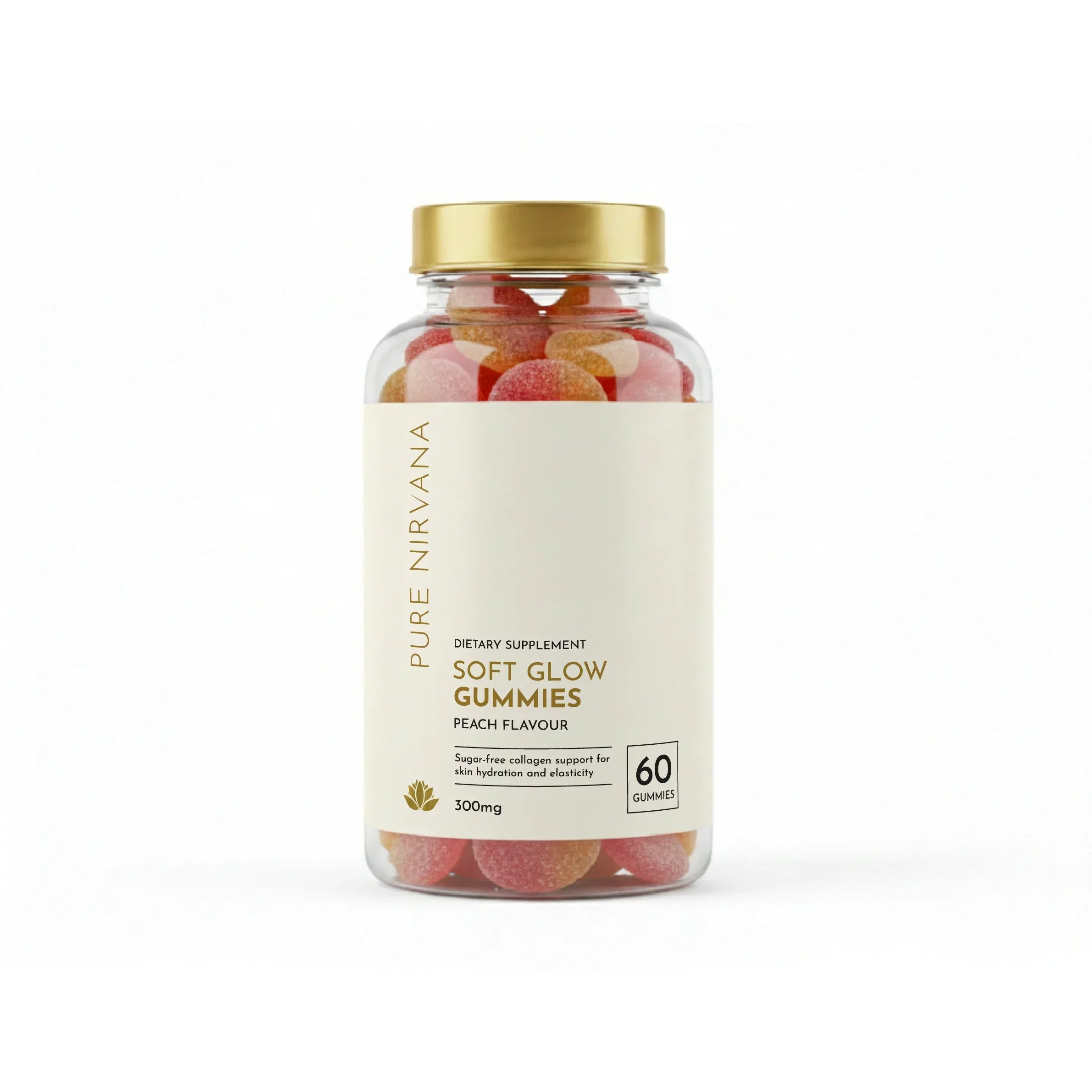 Clear jar of peach-flavored collagen soft glow gummies, 60 count, for skin hydration