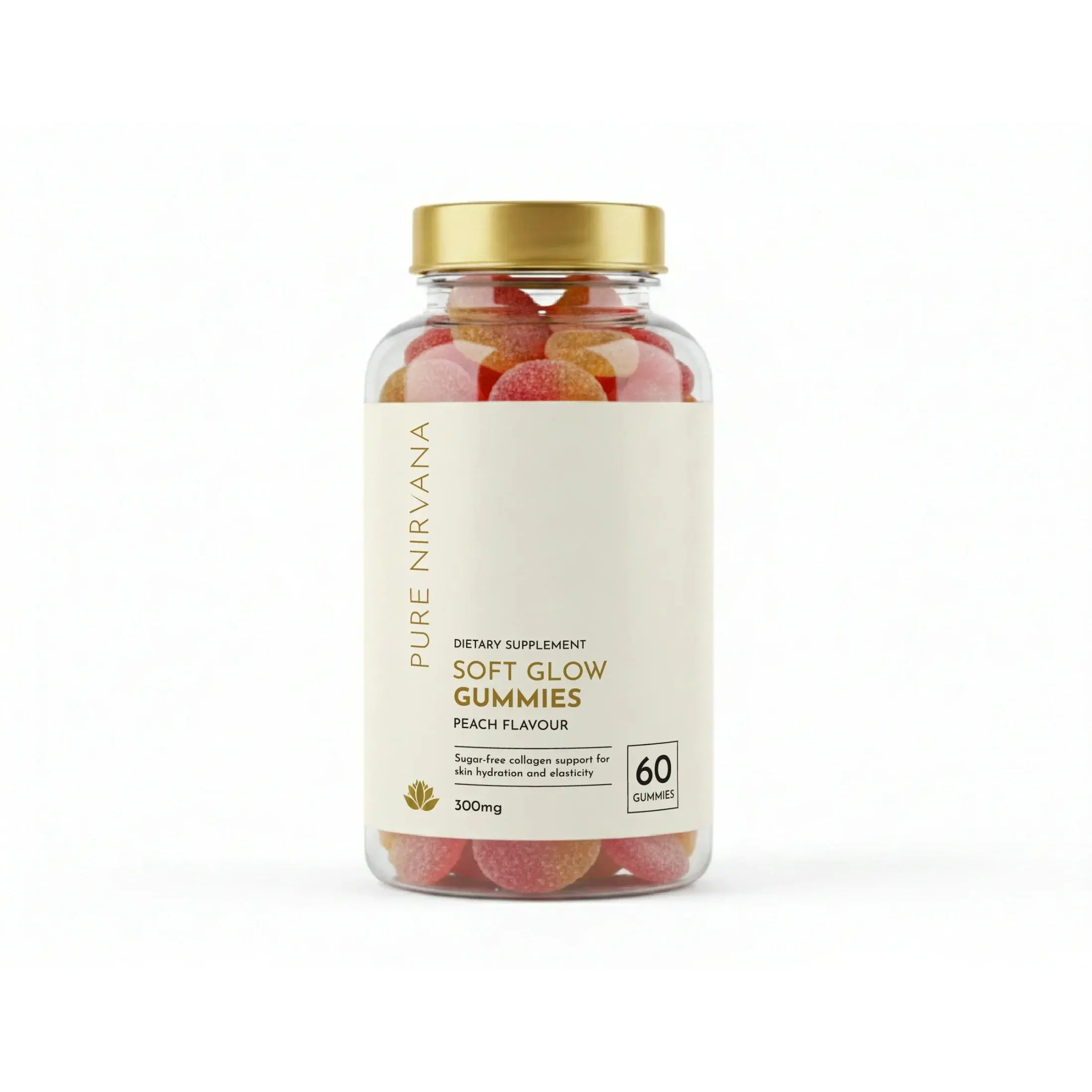 Clear jar of peach-flavored collagen soft glow gummies, 60 count, for skin hydration