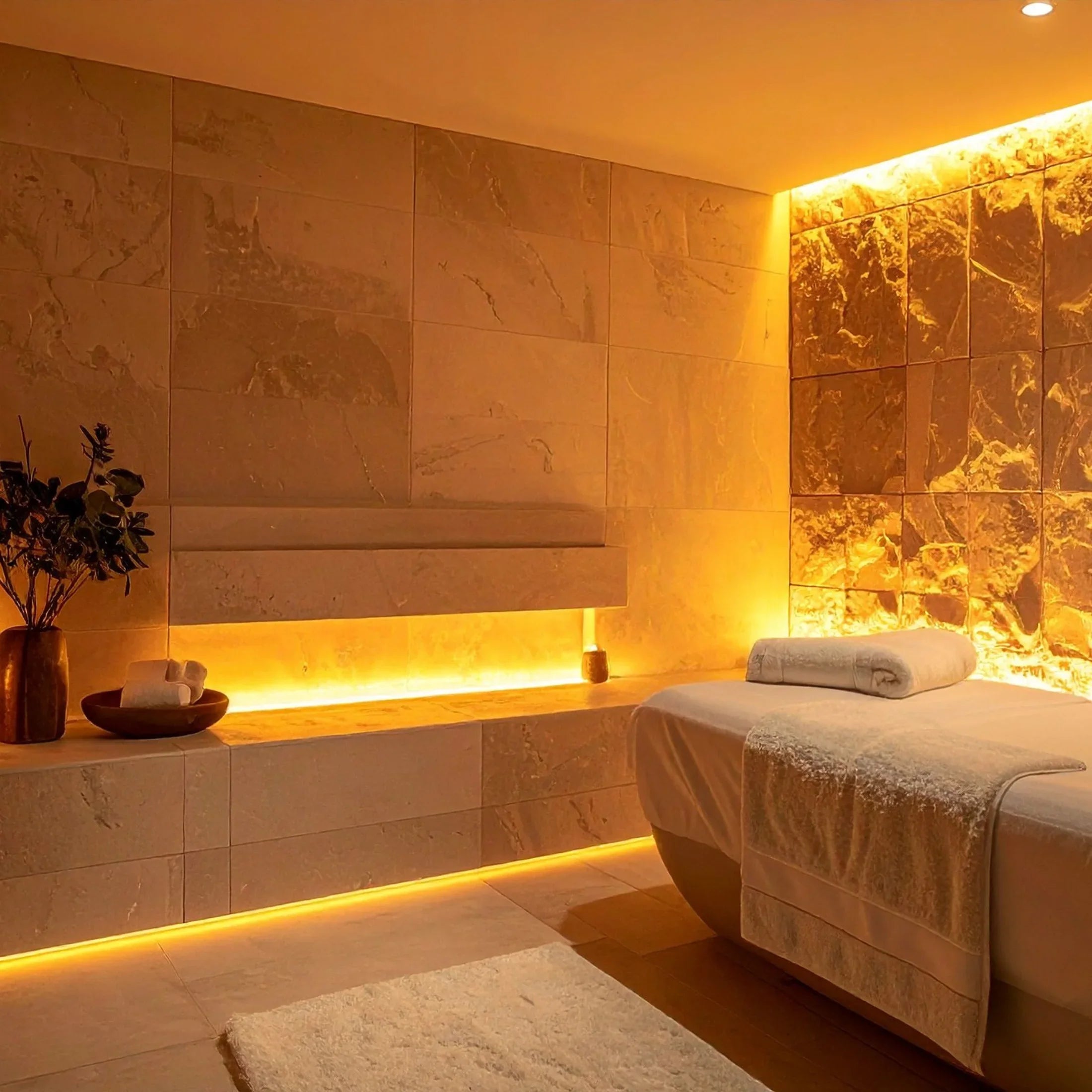 Luxury spa treatment room with ambient lighting, massage table, and soft towels