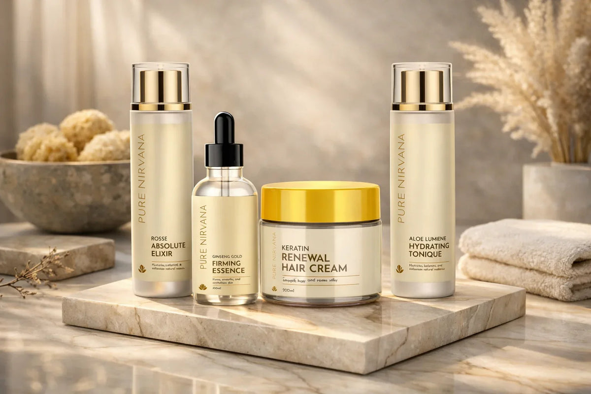 Premium skincare and wellness products including elixir, essence, hair cream, and toner on a marble tray.
