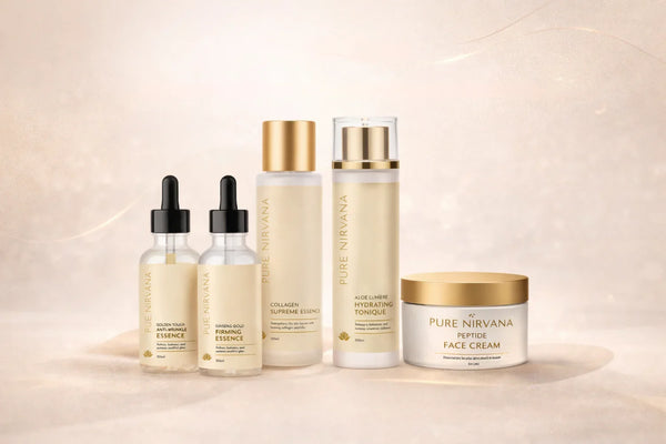 Luxury skincare bottles and cream jar on beige background, featuring anti-aging and hydrating products