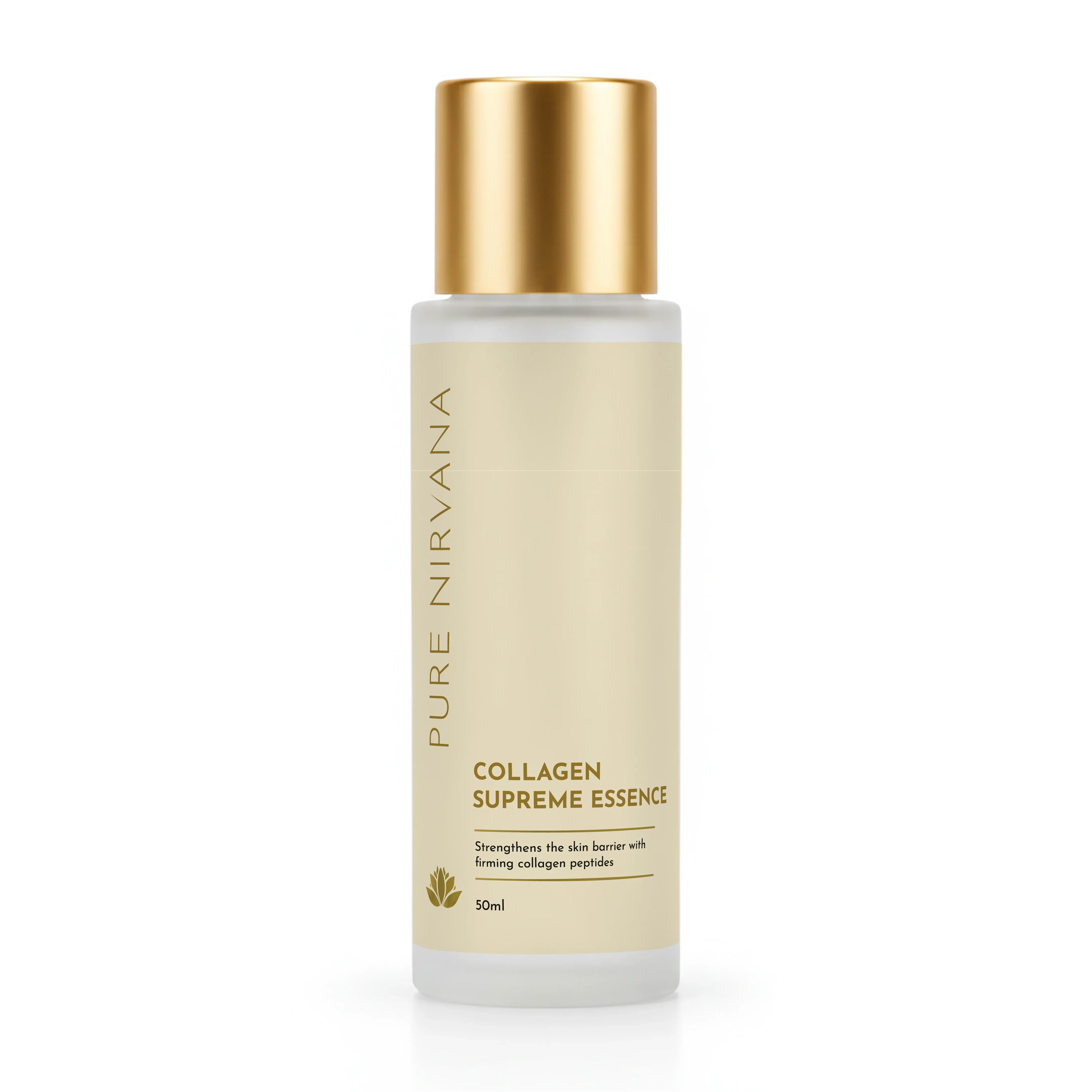 Collagen Supreme Essence skincare serum bottle with gold cap, 50ml, clear minimalist design