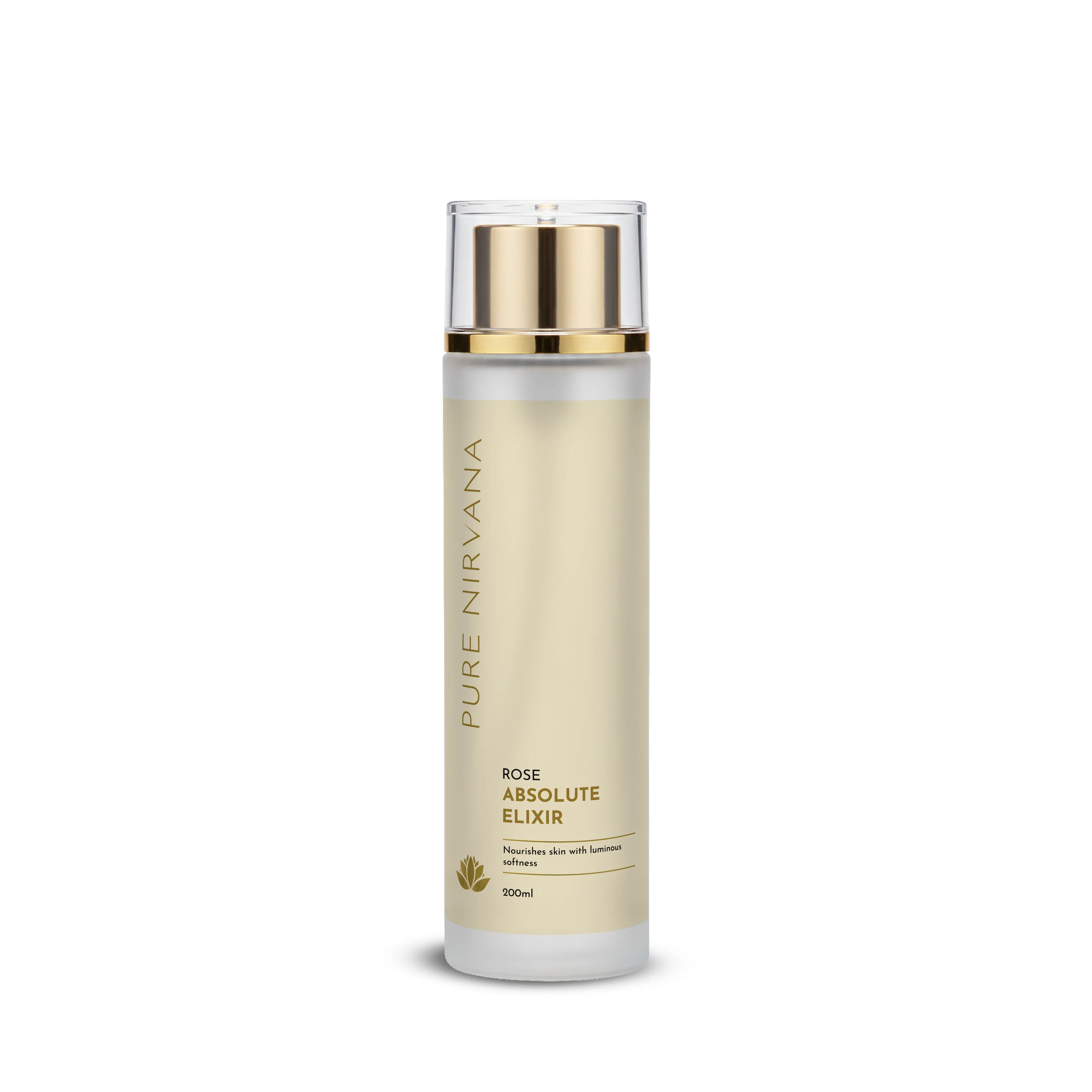 Rose Absolute Elixir skincare bottle with gold cap on white background, 200ml size