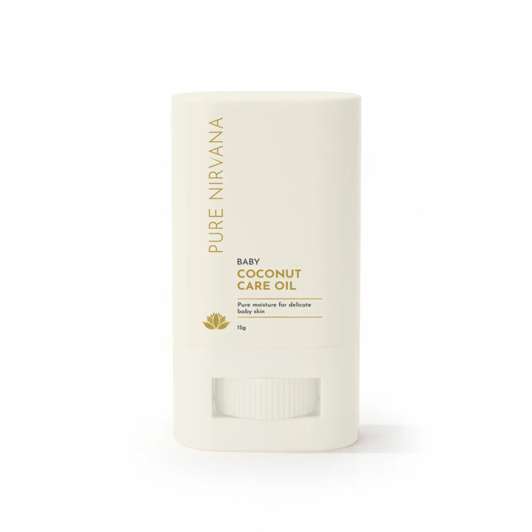 Baby coconut care oil stick for delicate skin, premium skincare product on white background