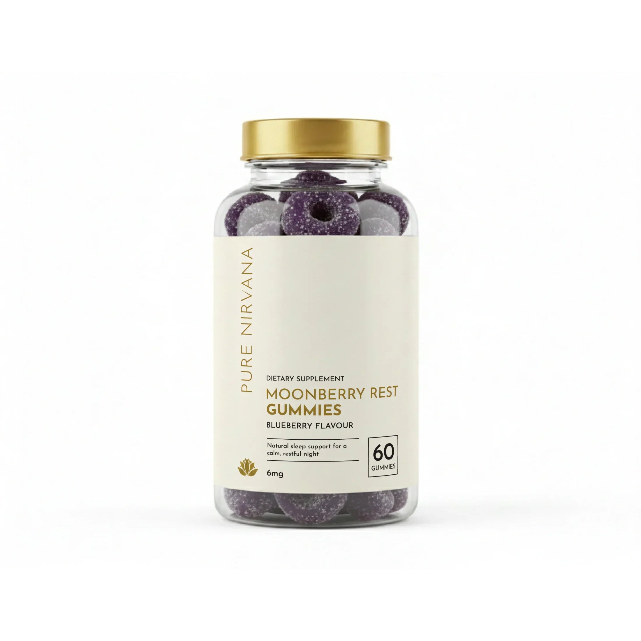 Jar of Moonberry Rest Gummies dietary supplement, blueberry flavor, 60 purple gummies