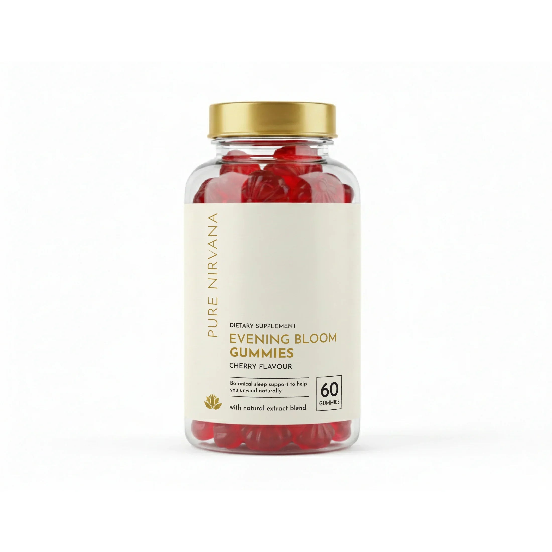 Jar of red cherry-flavored Evening Bloom Gummies with gold lid and white label, 60 count