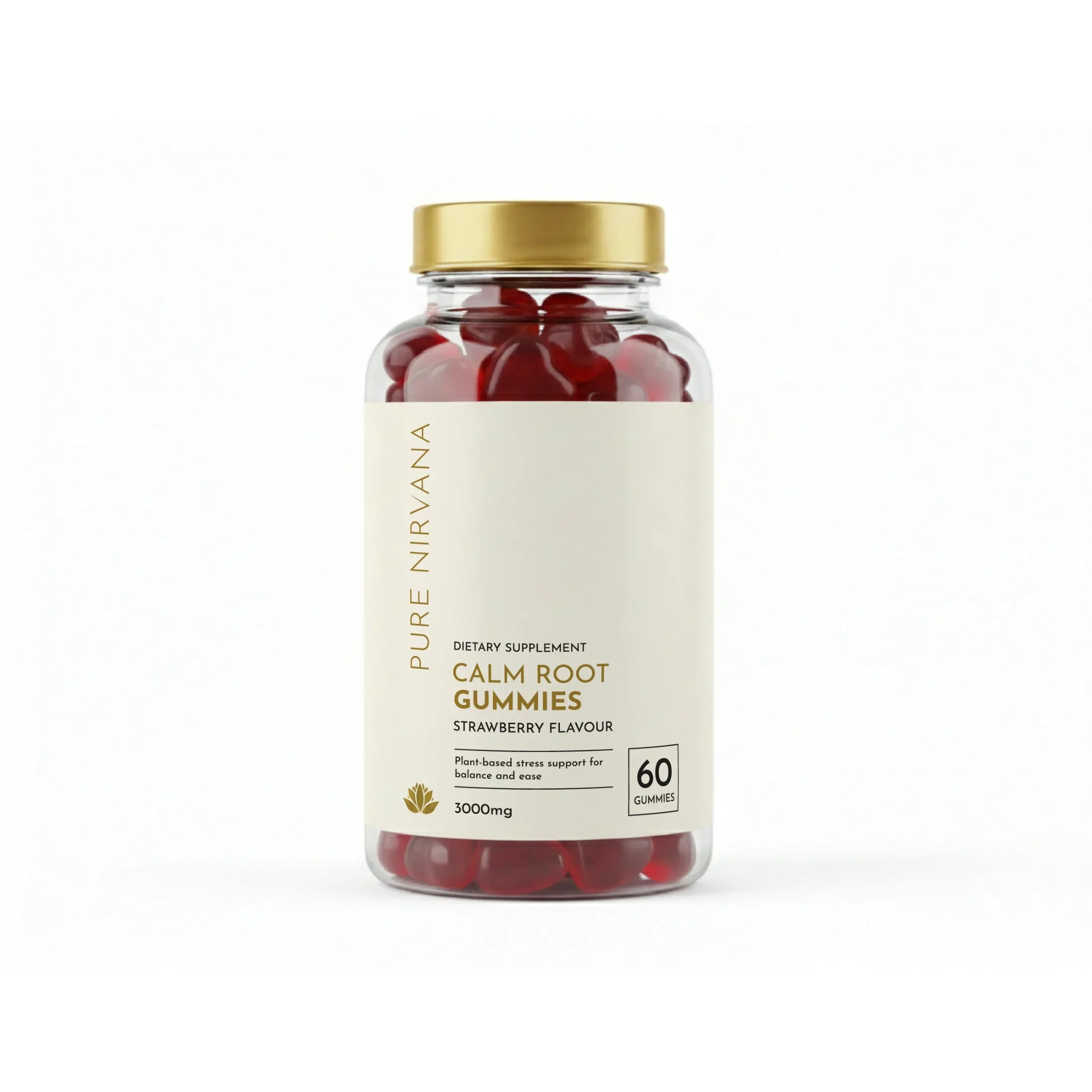 Bottle of Calm Root Gummies dietary supplement, strawberry flavor, 60 gummies, 3000mg