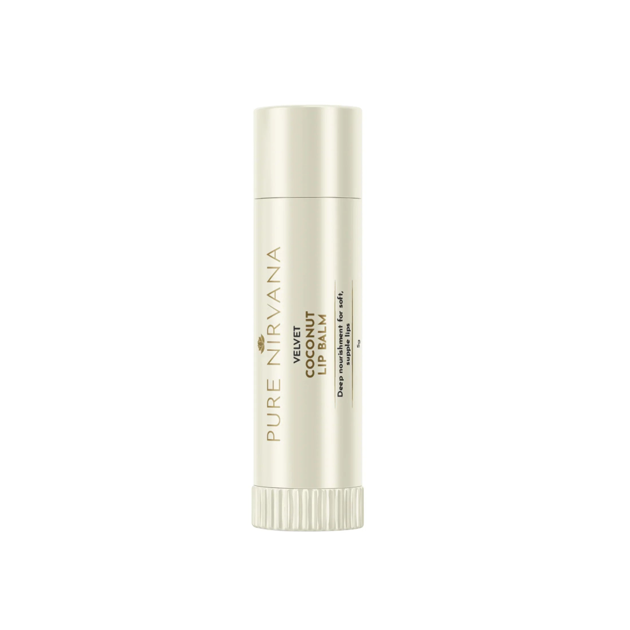 Velvet coconut lip balm tube for soft, nourished lips on white background